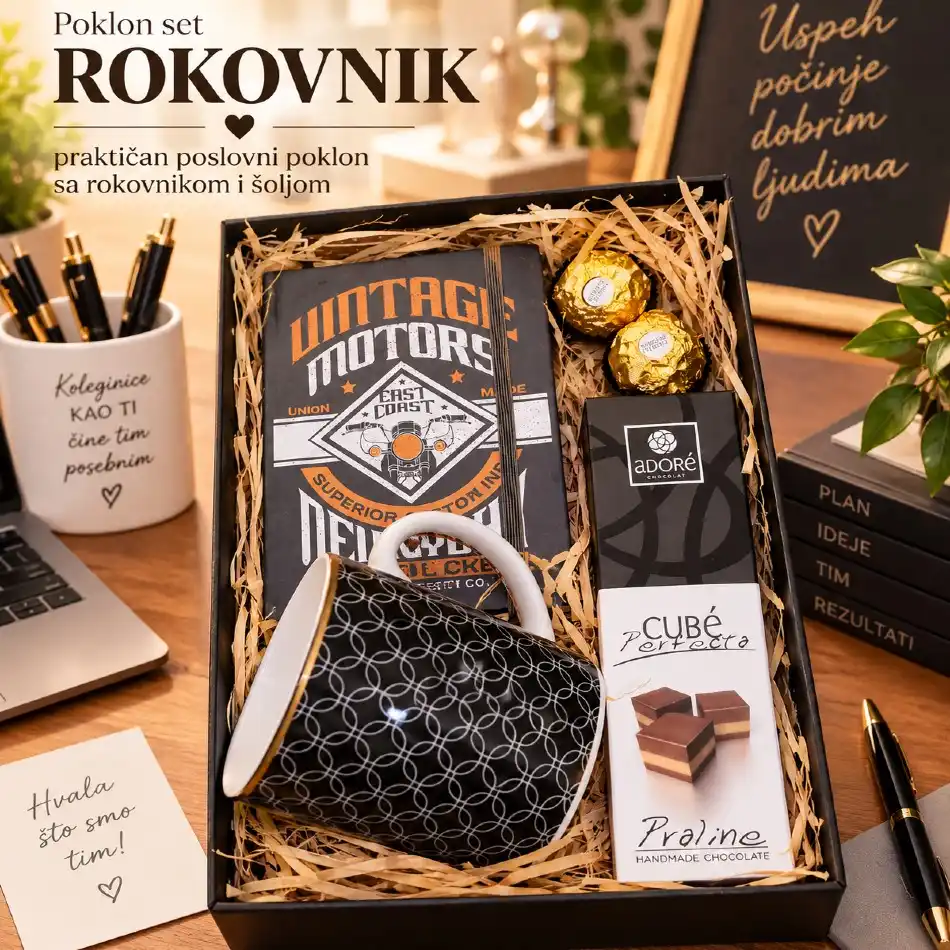 Poklon set Rokovnik sa rokovnikom, šoljom i čokoladama kao praktičan poklon za koleginicu