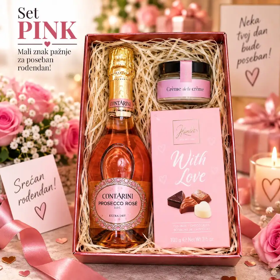 Set Pink sa rosé prosekom i pralinama kao manji rođendanski poklon za ženu