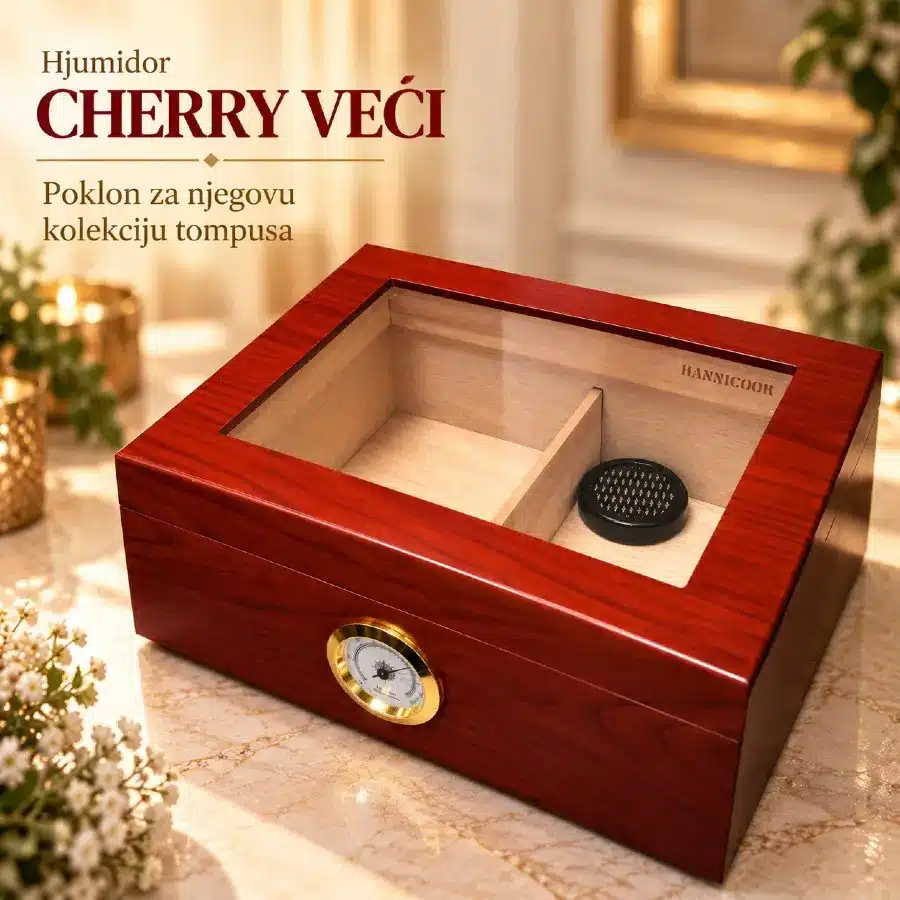 Hjumidor Cherry veći sa staklenim poklopcem i prednjim higrometrom