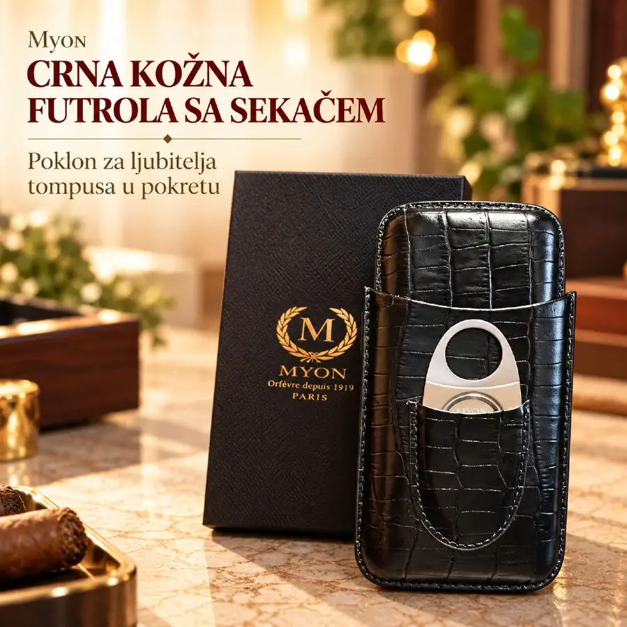Myon crna kožna futrola za 3 cigare sa sekačem u spoljašnjem džepu i kutijom