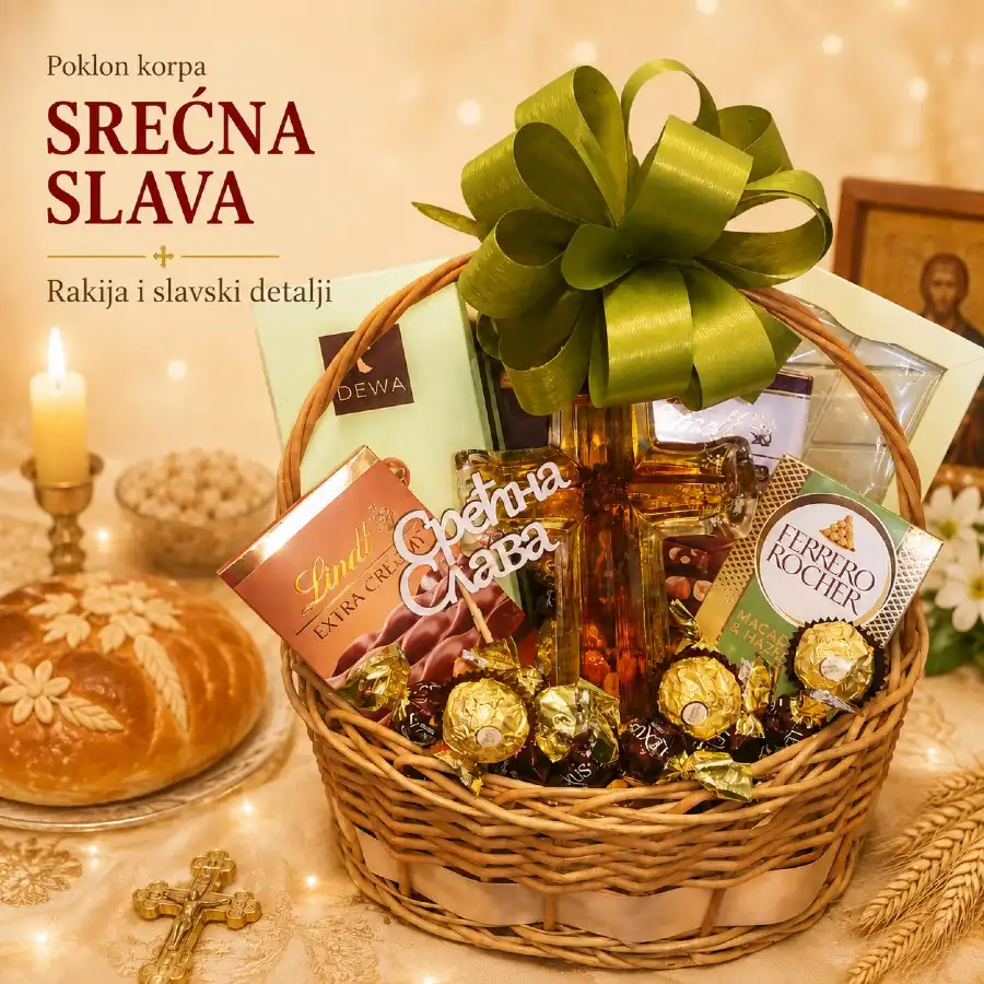 Poklon korpa Srećna slava sa rakijom Trivunova šljiva u boci u obliku krsta i drvenim natpisom Srećna slava