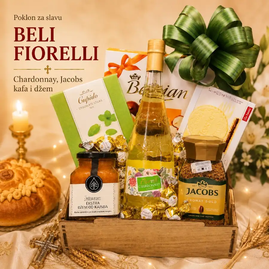 Poklon za slavu Beli Fiorelli sa Fiorelli Chardonnay vinom, Jacobs Cronat Gold kafom i džemom
