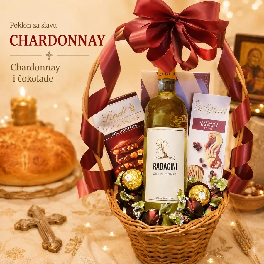 Poklon za slavu Chardonnay sa Radacini Chardonnay vinom i čokoladama u pletenoj korpi