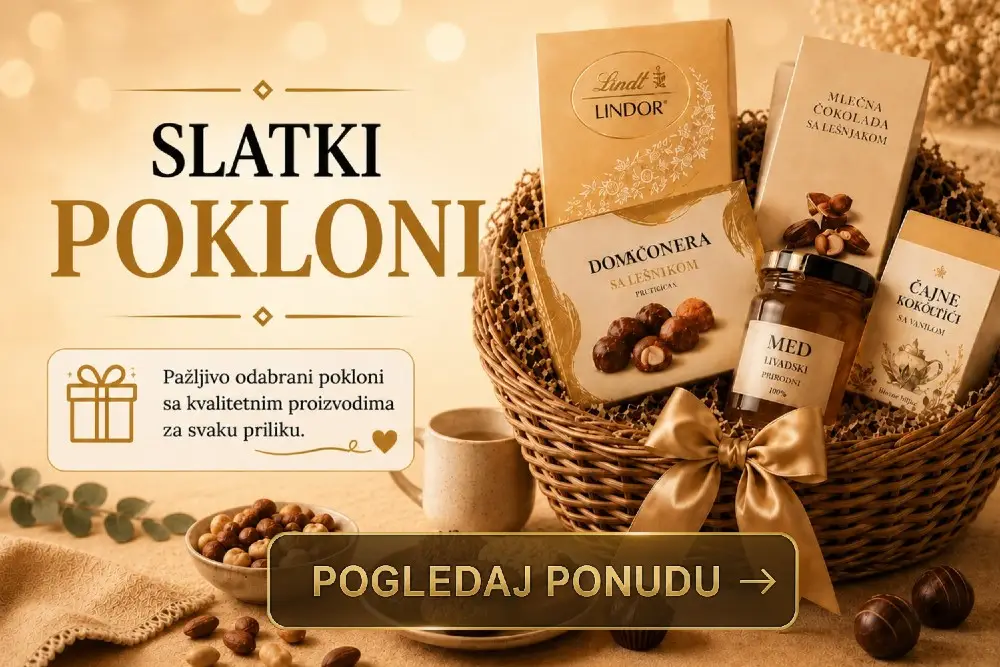 Slatki pokloni – korpa sa čokoladama, bombonjerom i medom